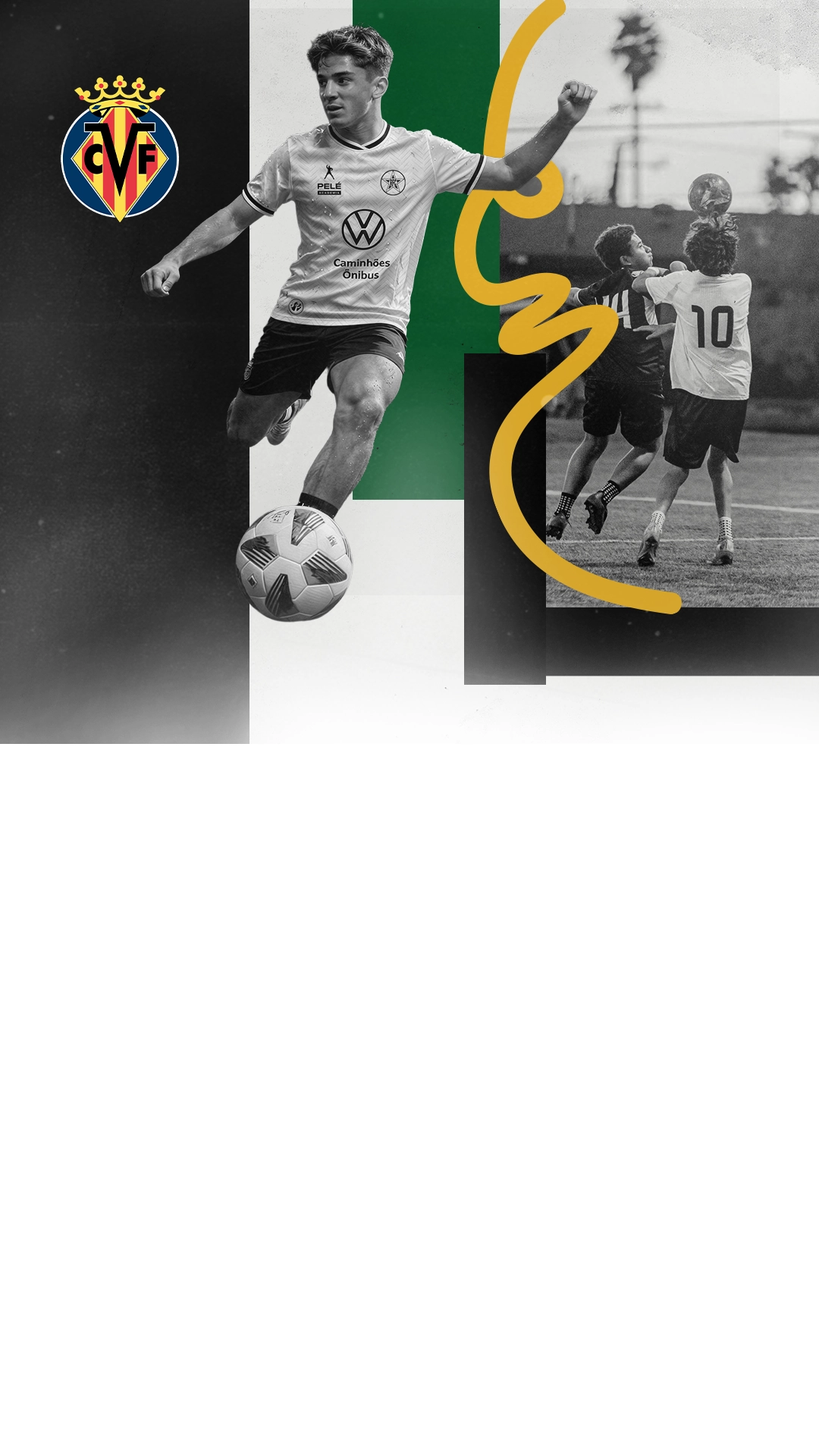 Atletas da Pelé Academia em campo, com o escudo do Villarreal